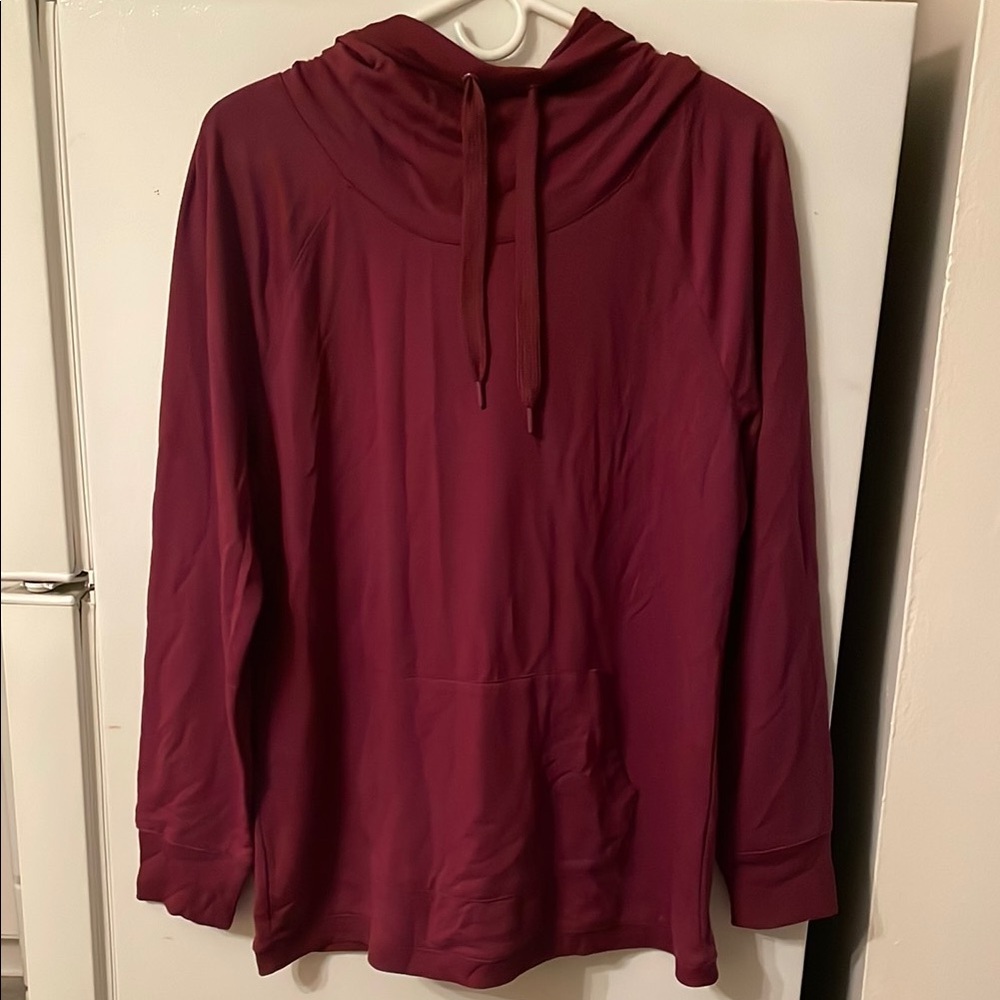 Burgundy Large Hoodie Cowl‎ Neck Drawstring Pocket Everyday Casual Soft Layer